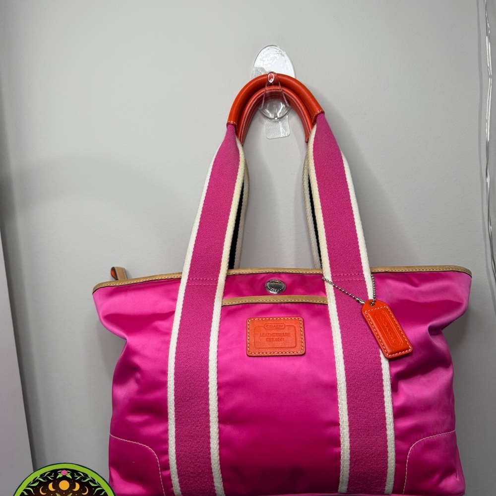 Coach Hot Pink Nylon Tote with Orange Trim
